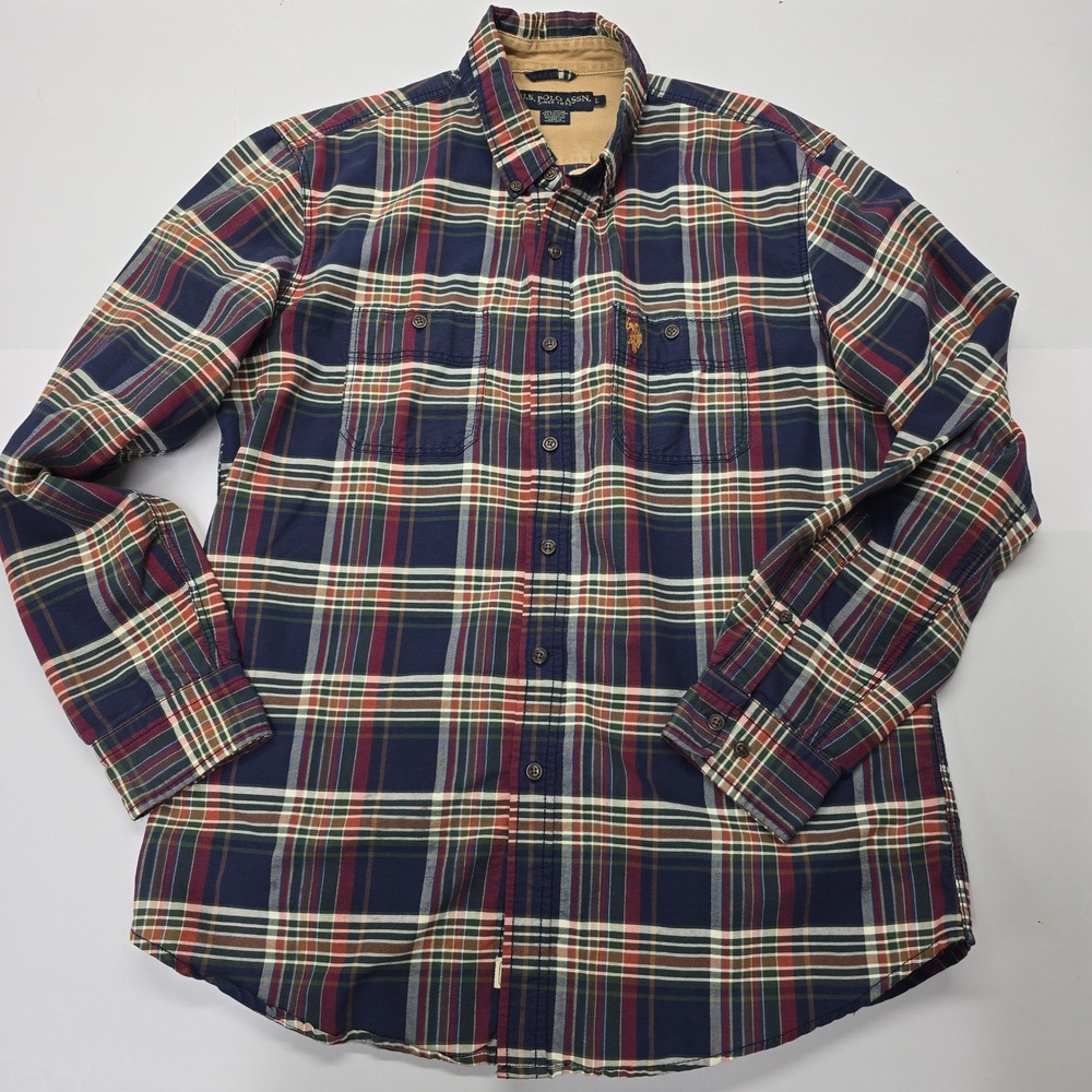 US Polo Assn Mens Large Plaid Button Down‎ Shirt Long Sleeve Navy Cotton